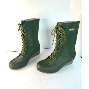Tretorn Plask Army Green Lace Up MidCalf Wedge Heel Insulated Waterproof Boot 10